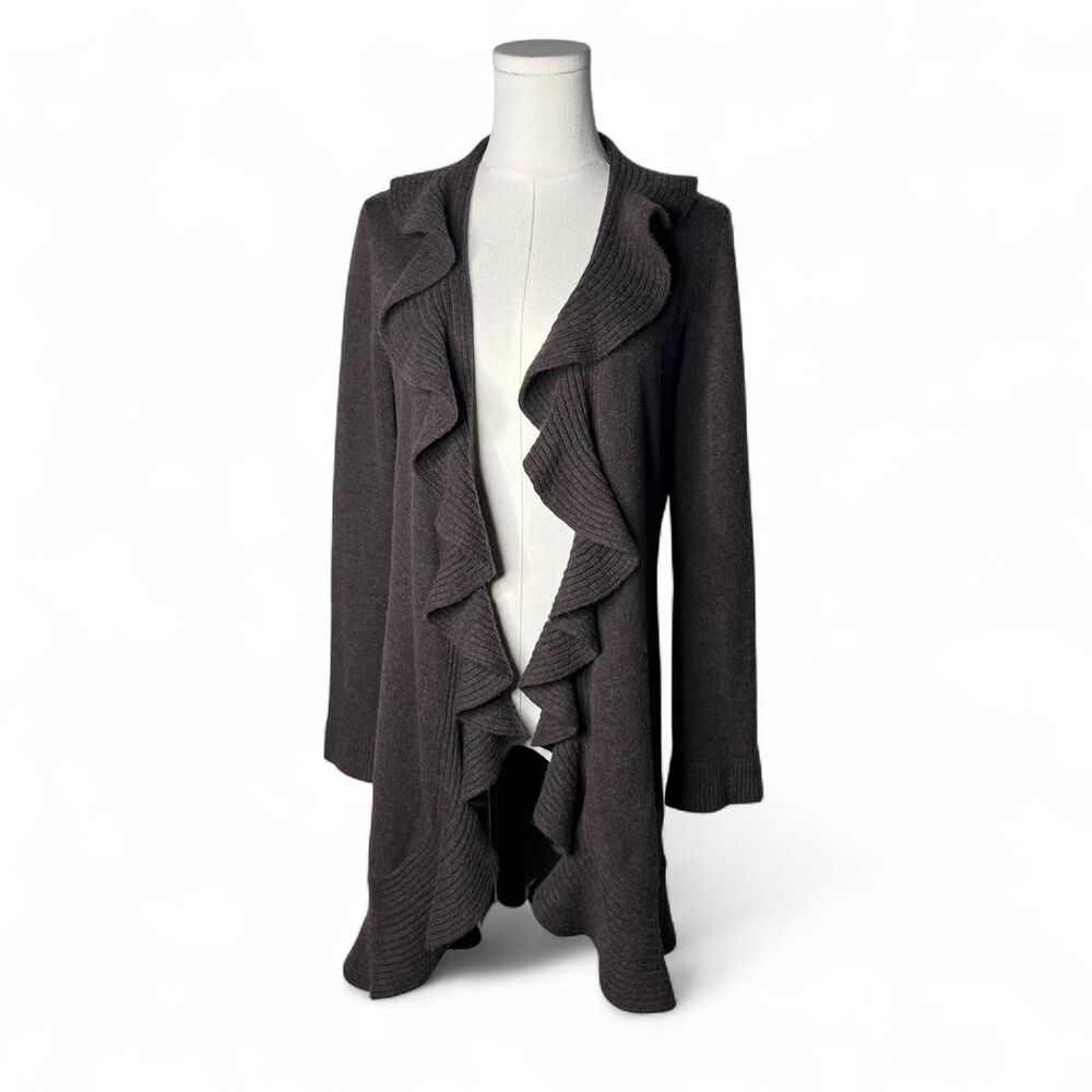 Bloomingdale’s Brown Wool Cashmere Longline Ruffle Cardigan Duster Fairy Grunge